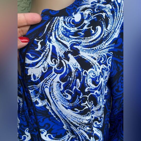 EUC DANA BUCHMAN Blue/Black Boho V-Neck Button Up Long Sleeve Blouse Size 6 - Picture 9 of 13